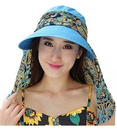 Sun Hats Ladies Summer Beach Cotton Big Brim Foldable Sun Floppy Sunblock Hat Hats Visor - Blue - CG12E5MN10B $10.63