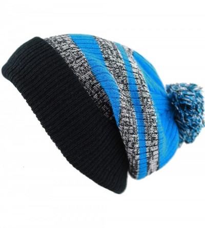 Skullies & Beanies Winter Striped Cuffed Pom Pom Knit Soft Thick Beanie Skully Hat - Black-teal - CQ12N8V7KXC $11.78