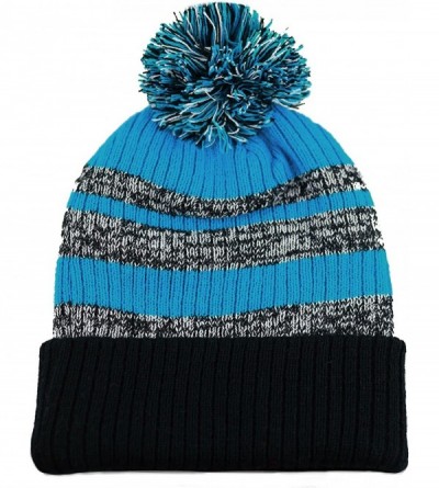 Skullies & Beanies Winter Striped Cuffed Pom Pom Knit Soft Thick Beanie Skully Hat - Black-teal - CQ12N8V7KXC $11.78