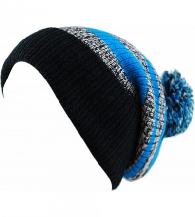 Skullies & Beanies Winter Striped Cuffed Pom Pom Knit Soft Thick Beanie Skully Hat - Black-teal - CQ12N8V7KXC $11.78