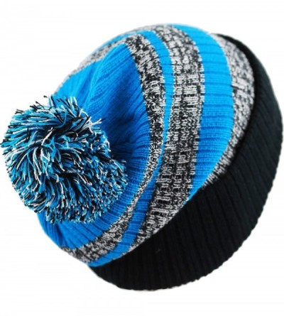 Skullies & Beanies Winter Striped Cuffed Pom Pom Knit Soft Thick Beanie Skully Hat - Black-teal - CQ12N8V7KXC $11.78