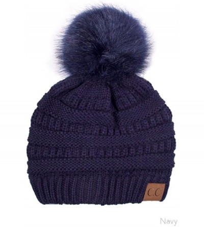 Skullies & Beanies Exclusive Soft Stretch Cable Knit Faux Fur Pom Pom Beanie Hat - Navy - CM12N1VGOEM $15.49