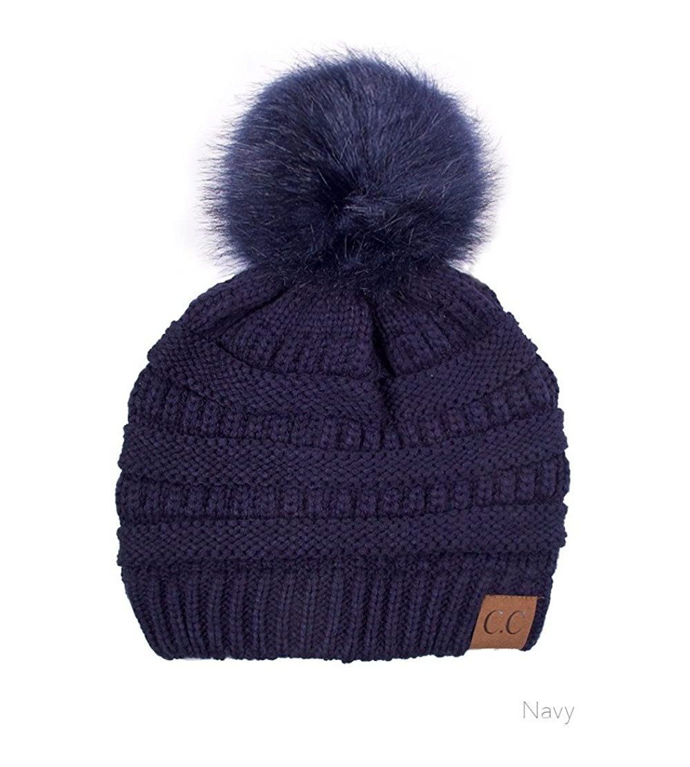 Skullies & Beanies Exclusive Soft Stretch Cable Knit Faux Fur Pom Pom Beanie Hat - Navy - CM12N1VGOEM $15.49