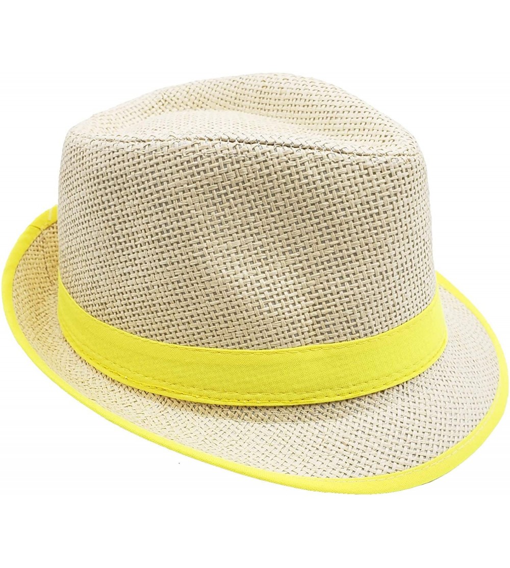 Fedoras Stylish Gangster Fedora Hat w/Band & Rim LINE Trilby Panama Classic Vintage Straw Headwear - Yellow - CI180XQ0YXU $13.61