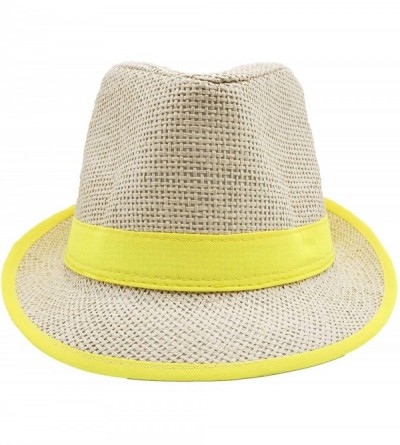 Fedoras Stylish Gangster Fedora Hat w/Band & Rim LINE Trilby Panama Classic Vintage Straw Headwear - Yellow - CI180XQ0YXU $13.61
