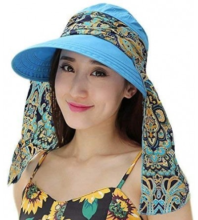 Sun Hats Ladies Summer Beach Cotton Big Brim Foldable Sun Floppy Sunblock Hat Hats Visor - Blue - CG12E5MN10B $10.63