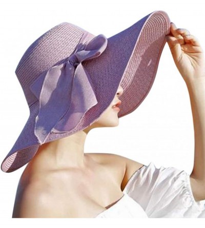 Sun Hats Women Big Brim Straw Hat Sun Floppy Wide Brim Hats New Bowknot Folding Beach Cap - Purple - CY18NLM3AAO $8.28