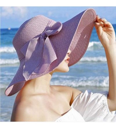 Sun Hats Women Big Brim Straw Hat Sun Floppy Wide Brim Hats New Bowknot Folding Beach Cap - Purple - CY18NLM3AAO $8.28