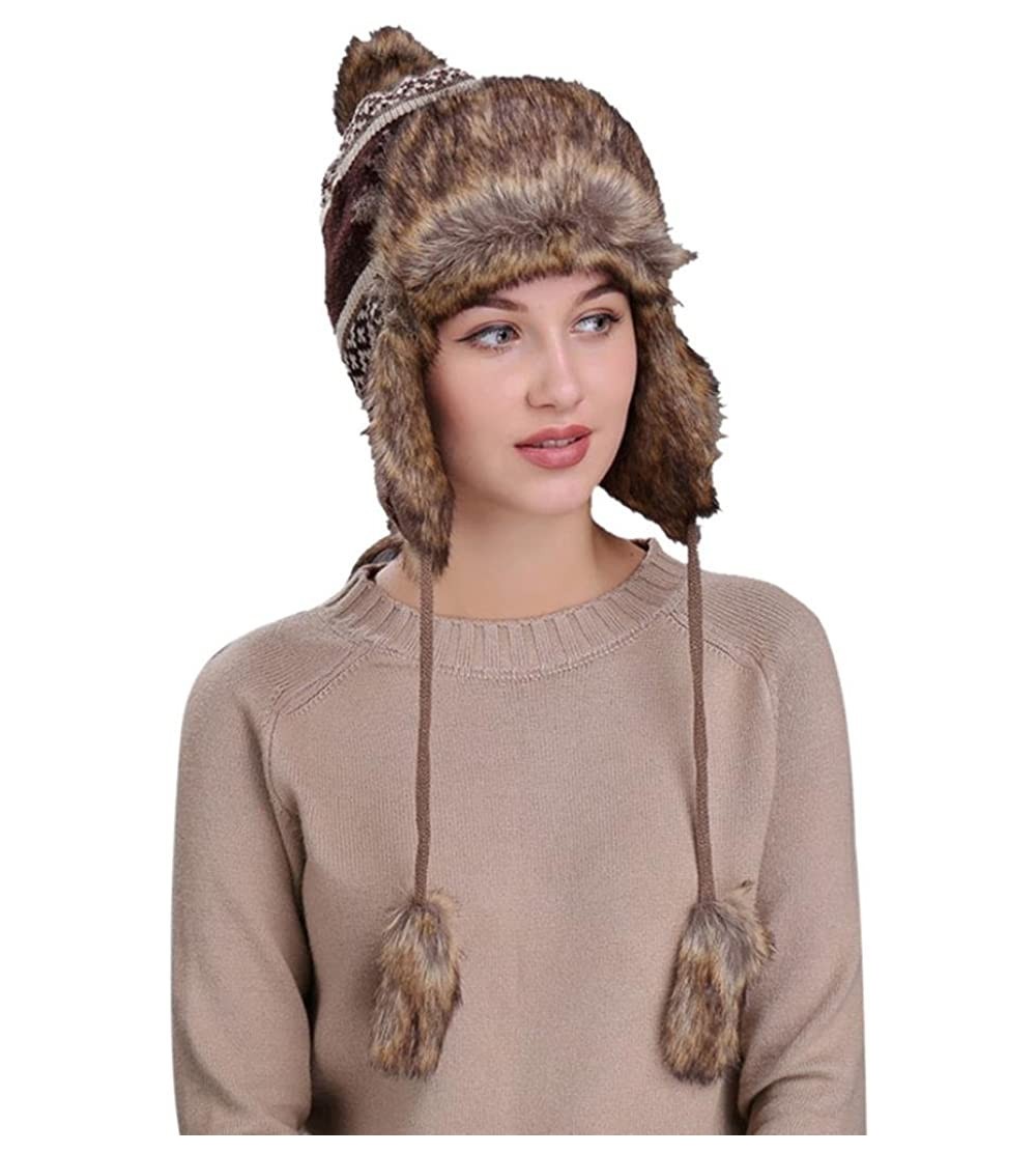 Skullies & Beanies Women Knit Peruvian Beanie Wool Hat Winter Warm Ski Cap with Earflap Pom - Coffee - CK187Q3L6H5 $15.28