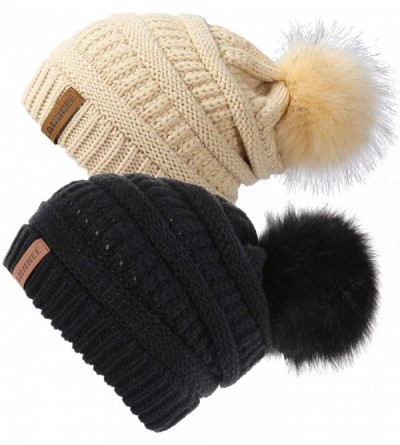 Skullies & Beanies Women Knit Beanie hat with Faux Fur Pom Pom Hats Thick Soft Warm Slouchy Chunky Baggy Ski Cap for Lady - C...