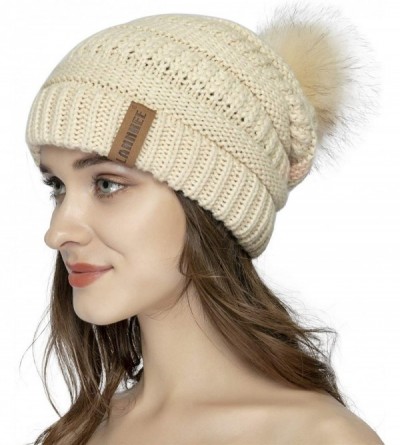 Skullies & Beanies Women Knit Beanie hat with Faux Fur Pom Pom Hats Thick Soft Warm Slouchy Chunky Baggy Ski Cap for Lady - C...