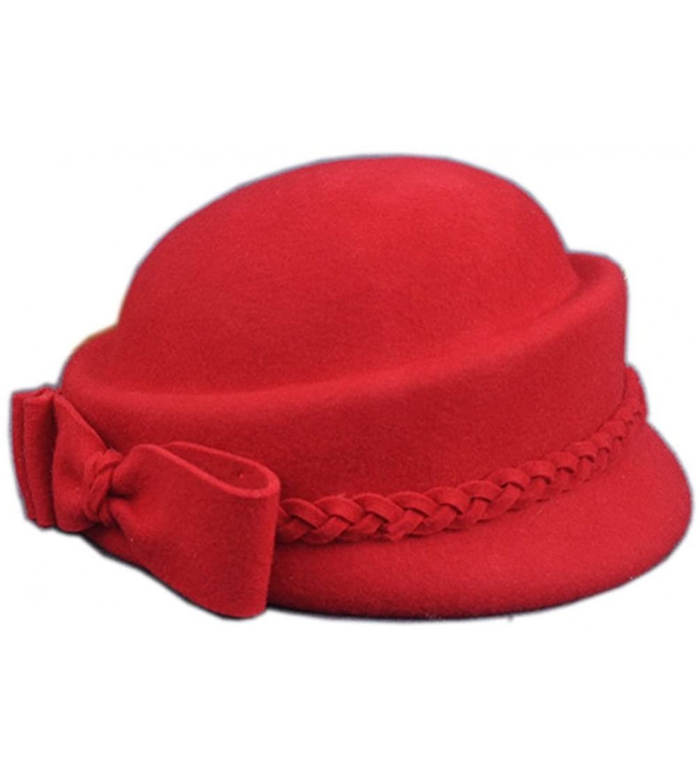 Berets Womens Bowknot 100% Wool Fall Winter Derby Hat Doom Cloche Hat - Red - CJ187C5G29W $22.76