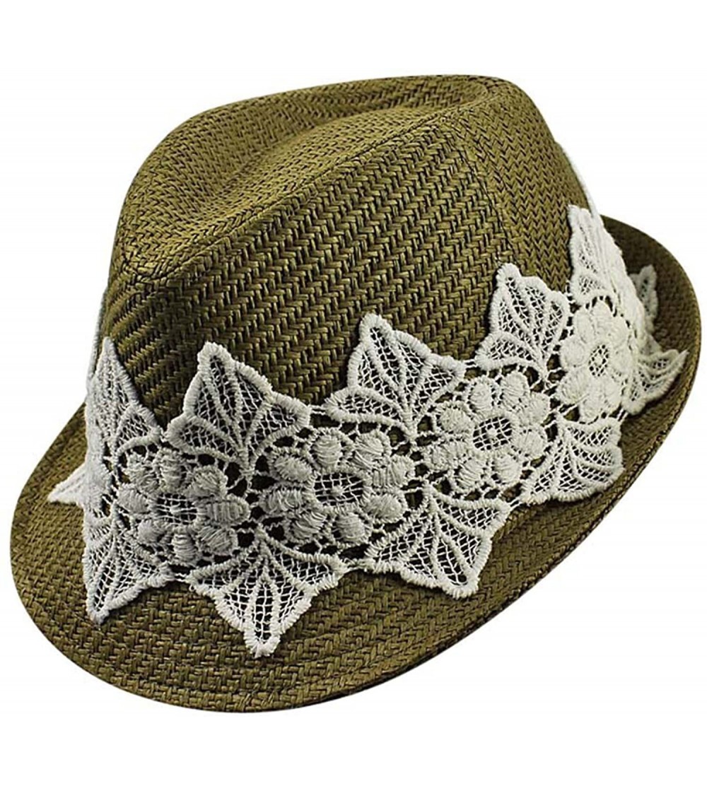 Fedoras Olive Woven Straw Fedora Hat with White Lace Band - CX12CM4GLN3 $44.28