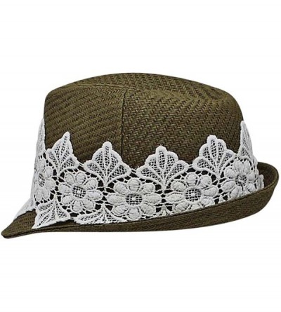 Fedoras Olive Woven Straw Fedora Hat with White Lace Band - CX12CM4GLN3 $43.70