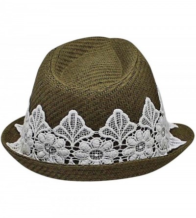 Fedoras Olive Woven Straw Fedora Hat with White Lace Band - CX12CM4GLN3 $25.30