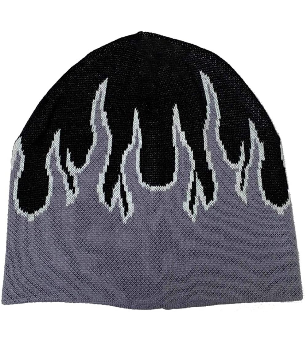 Skullies & Beanies Flame Fire Design Cuffless Beanie Hat Ski Beanie Hat - Black / White & Gray Fire - CK18UMZNKIQ $10.61