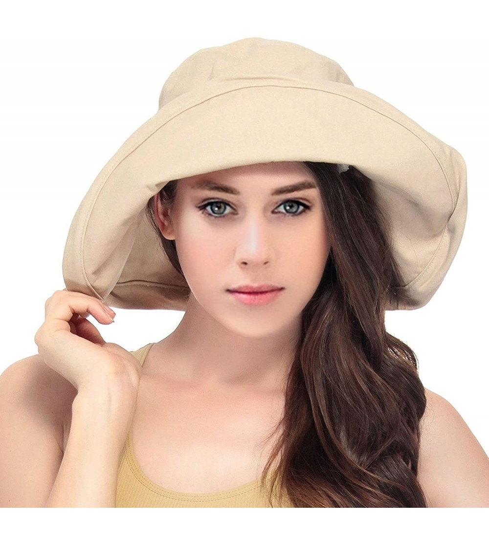 Bucket Hats Women's Summer Cotton Bucket Beach Hat Foldable Sun Hat - Khaki - CI18DIHWL7T $15.42