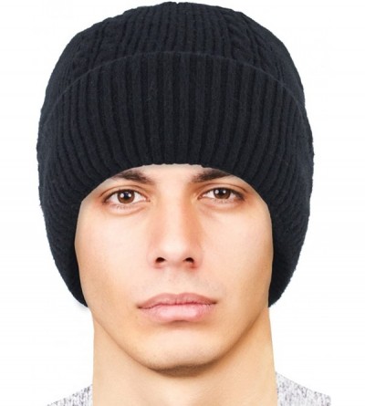 Skullies & Beanies Men's Wool Blend Knit Beanie- Soft & Warm Velour Fleece Lined - Angora Blend Cable (for Larger Head) - Bla...