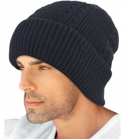 Skullies & Beanies Men's Wool Blend Knit Beanie- Soft & Warm Velour Fleece Lined - Angora Blend Cable (for Larger Head) - Bla...