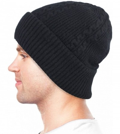 Skullies & Beanies Men's Wool Blend Knit Beanie- Soft & Warm Velour Fleece Lined - Angora Blend Cable (for Larger Head) - Bla...