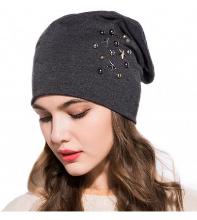 Skullies & Beanies Star Beanie Hat for Women- Pearl Bead Caps- New Spring Slouch Bonnet - Dark Grey - CZ18D6Q3GSM $53.11
