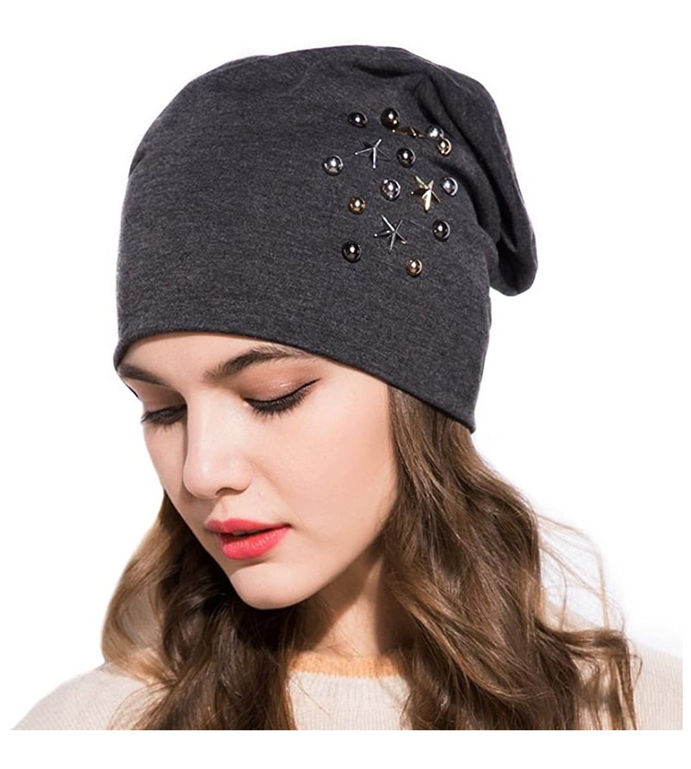 Skullies & Beanies Star Beanie Hat for Women- Pearl Bead Caps- New Spring Slouch Bonnet - Dark Grey - CZ18D6Q3GSM $28.36