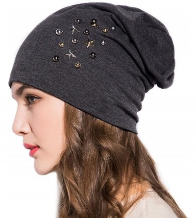 Skullies & Beanies Star Beanie Hat for Women- Pearl Bead Caps- New Spring Slouch Bonnet - Dark Grey - CZ18D6Q3GSM $28.36