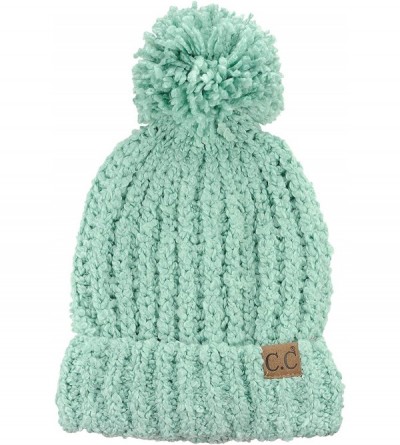 Skullies & Beanies Women's Chenille Soft Stretchy Pom Cuffed Knit Beanie Cap Hat - Mint - CM18IQHES6X $10.70