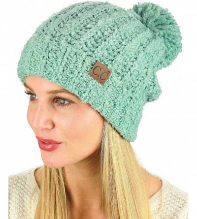 Skullies & Beanies Women's Chenille Soft Stretchy Pom Cuffed Knit Beanie Cap Hat - Mint - CM18IQHES6X $10.70