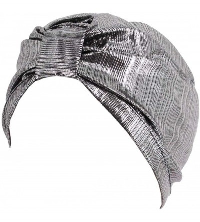 Skullies & Beanies Shiny Metallic Turban Cap Indian Pleated Headwrap Swami Hat Chemo Cap for Women - Silver Knot - CN1925DW5Q...