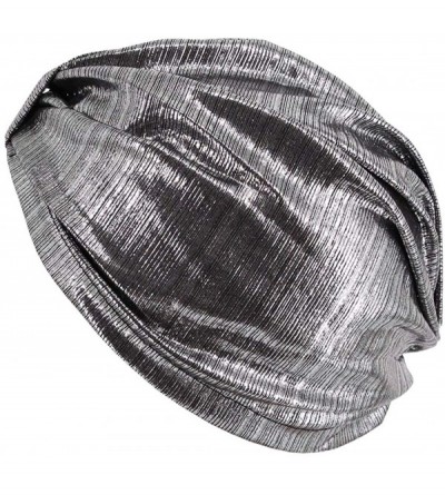 Skullies & Beanies Shiny Metallic Turban Cap Indian Pleated Headwrap Swami Hat Chemo Cap for Women - Silver Knot - CN1925DW5Q...