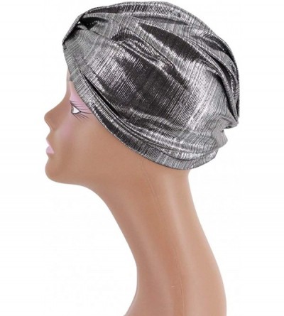 Skullies & Beanies Shiny Metallic Turban Cap Indian Pleated Headwrap Swami Hat Chemo Cap for Women - Silver Knot - CN1925DW5Q...