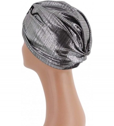 Skullies & Beanies Shiny Metallic Turban Cap Indian Pleated Headwrap Swami Hat Chemo Cap for Women - Silver Knot - CN1925DW5Q...