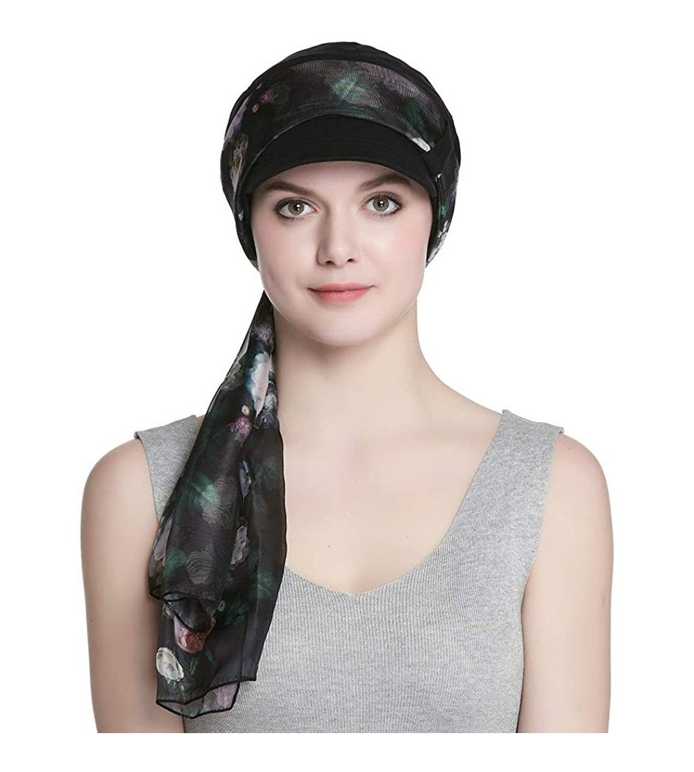 Newsboy Caps Breathable Bamboo Lined Cotton Hat and Scarf Set for Women - Black Rose - CP18N0E5R9M $14.09