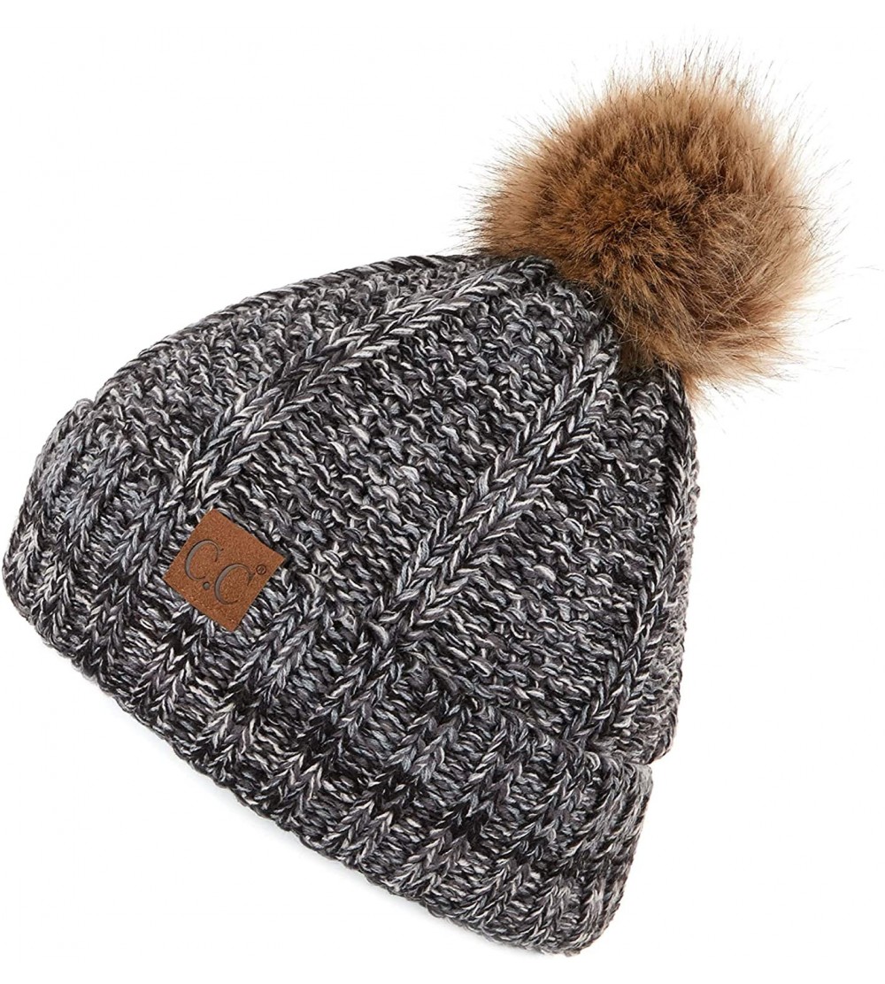 Skullies & Beanies Exclusives Fuzzy Lined Knit Fur Pom Beanie Hat (YJ-820) - Grey Mix - CB18I6SLKAW $13.82