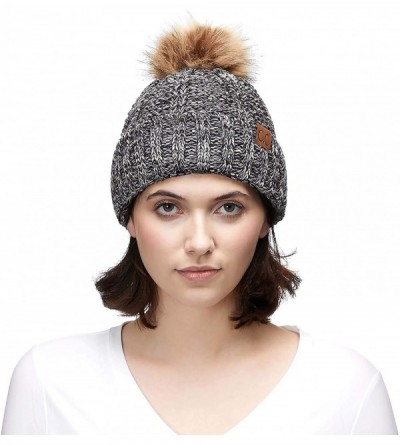 Skullies & Beanies Exclusives Fuzzy Lined Knit Fur Pom Beanie Hat (YJ-820) - Grey Mix - CB18I6SLKAW $13.82