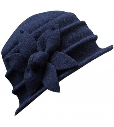 Fedoras Women 100% Wool Solid Color Round Top Cloche Beret Cap Flower Fedora Hat - 5 Blue - CX186WXT5A2 $18.93