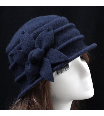 Fedoras Women 100% Wool Solid Color Round Top Cloche Beret Cap Flower Fedora Hat - 5 Blue - CX186WXT5A2 $18.93