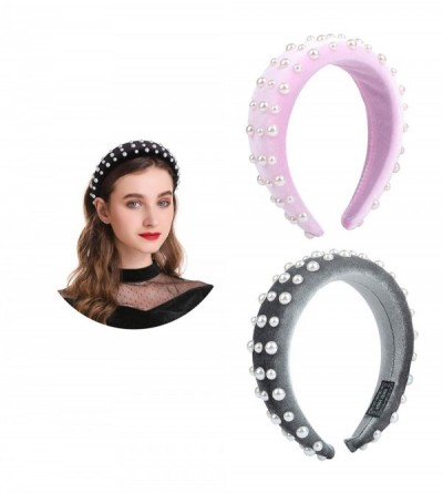 Headbands Velvet Padded Pearl Embellished Headband Large Padded Velvet Races Goth Wedding Headpiece for Women (Pink+Grey) - C...