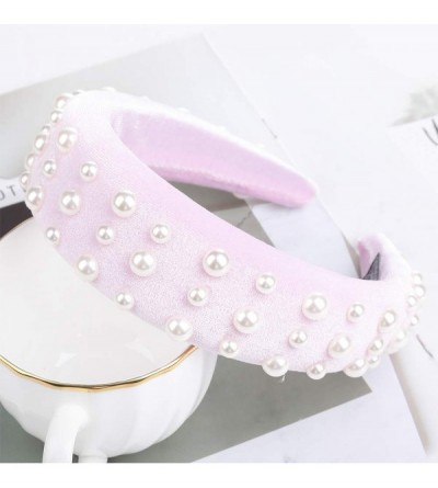 Headbands Velvet Padded Pearl Embellished Headband Large Padded Velvet Races Goth Wedding Headpiece for Women (Pink+Grey) - C...