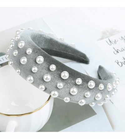 Headbands Velvet Padded Pearl Embellished Headband Large Padded Velvet Races Goth Wedding Headpiece for Women (Pink+Grey) - C...