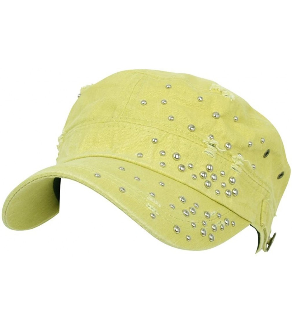 Baseball Caps Distressed Military Silver Round Studs Cadet Cap Flex-fit Army Style Hat - Yellow - CG11ENSDESR $23.78