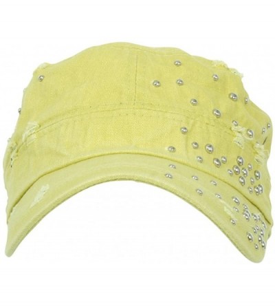 Baseball Caps Distressed Military Silver Round Studs Cadet Cap Flex-fit Army Style Hat - Yellow - CG11ENSDESR $23.78