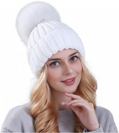 Cold Weather Headbands Winter Women's Genuine Fox Fur Pom Pom Trend Wool Knitted Beanie Hat - White - CT186IAA7OM $35.53