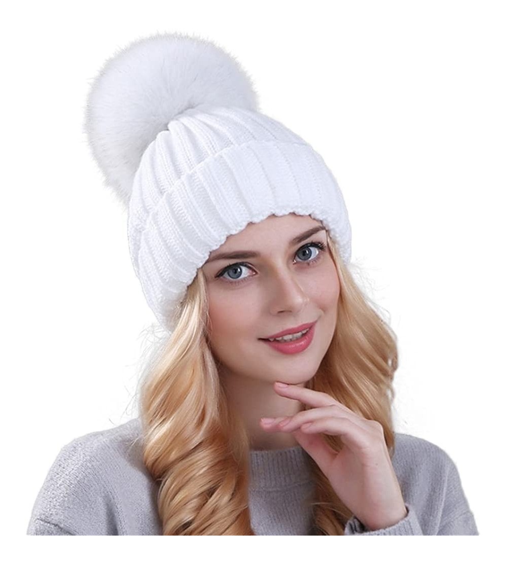 Cold Weather Headbands Winter Women's Genuine Fox Fur Pom Pom Trend Wool Knitted Beanie Hat - White - CT186IAA7OM $13.73