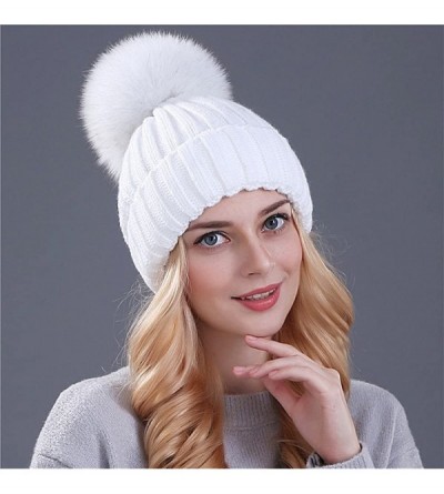 Cold Weather Headbands Winter Women's Genuine Fox Fur Pom Pom Trend Wool Knitted Beanie Hat - White - CT186IAA7OM $13.73