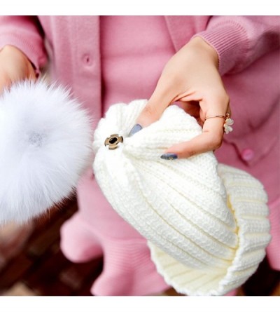 Cold Weather Headbands Winter Women's Genuine Fox Fur Pom Pom Trend Wool Knitted Beanie Hat - White - CT186IAA7OM $13.73