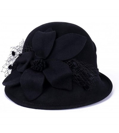 Fedoras Women's Floral Trimmed Wool Blend Cloche Winter Hat - Model C - Black - CF192MXRDY6 $29.09