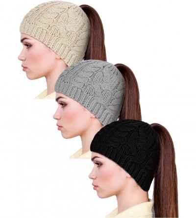 Skullies & Beanies 3 Pieces Knit Ponytail Hat Messy Bun Beanie Cap Winter Warm Cap for Women - Black+grey+beige - CH18A2UE2EW...