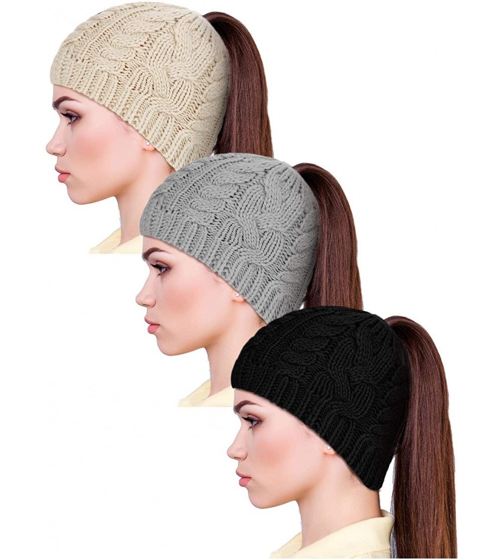 Skullies & Beanies 3 Pieces Knit Ponytail Hat Messy Bun Beanie Cap Winter Warm Cap for Women - Black+grey+beige - CH18A2UE2EW...